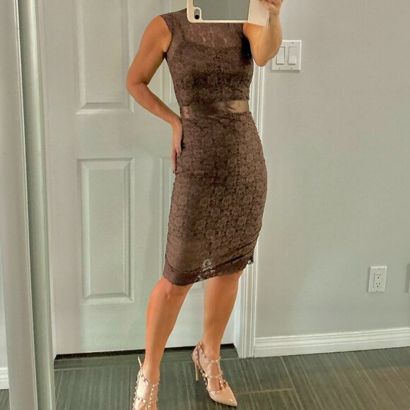 Cocktail Brown (worn once) lace, bodycon, open keyhole back dress size xs - Picture 1 of 12